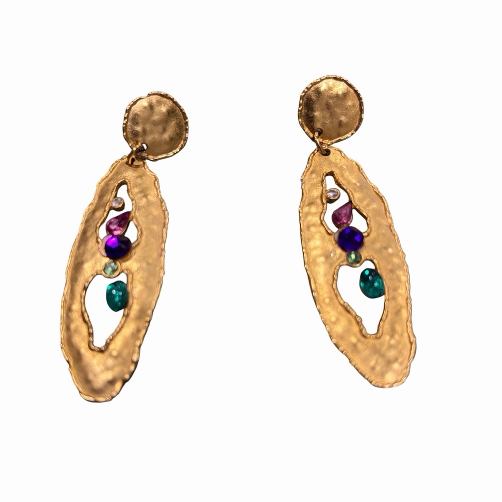 Vintage jj jonette gold Tone earrings stones‎ Green Purple Pink 2.5" Inch Long